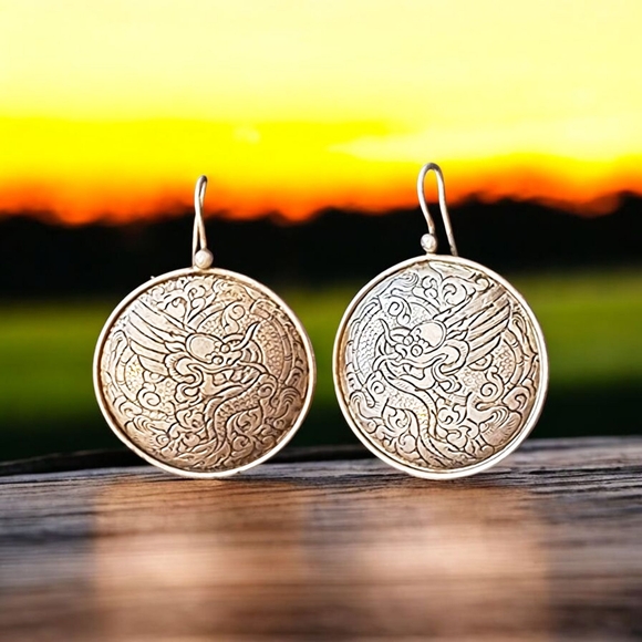 ✨️OOAK! Japanese Dragon Etched Sterling Silver French Hook Dangle Drop Earrings!
